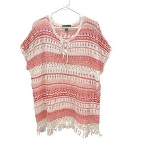 Tommy Bahama Crochet Lace Up Top Cover Up Pink White Striped Fringe Womens L